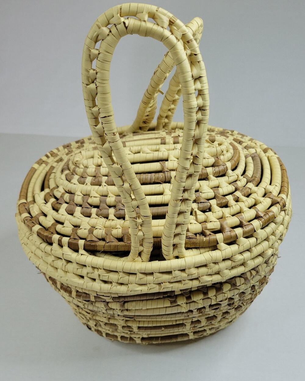 Wrapped Straw Basket Coiled Large Lid Handles Approx 11” X 11” Boho